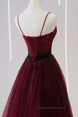 Winter Formal, A Line V Neck Beaded Burgundy Tulle Long Prom Dress, Beaded Burgundy Formal Graduation Evening Dress