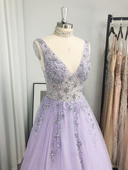 Bridesmaid Dresses Fall, A-line V-neck Beading Floor-Length Tulle Dress