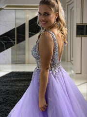 Prom Dresses Two Piece, A-line V-neck Beading Floor-Length Tulle Dress