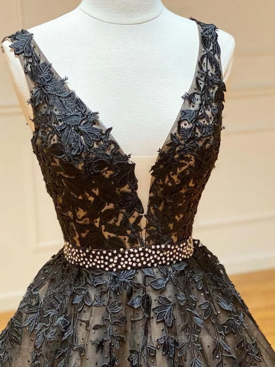 Long Black Dress, A Line V Neck Black Lace Prom Dresses, Black Lace Formal Evening Dresses