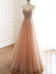 Formal Dress Outfit Ideas, A Line V Neck Champagne Tulle Long Beaded Prom Dresses, Champagne Long Formal Evening Dresses