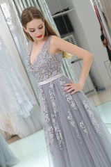 Bridesmaids Dresses Different Styles, A-Line V-neck Floor-Length Tulle Appliqued Long Prom Dresses