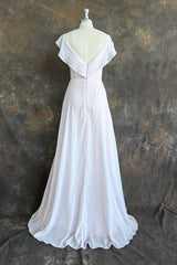 A-line V-Neck Flutter Sleeves Bridesmaid Dress Floor-Length Chiffon Wedding Dress With Ruffle