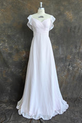 A-line V-Neck Flutter Sleeves Bridesmaid Dress Floor-Length Chiffon Wedding Dress With Ruffle