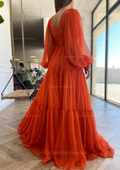 Prom Dress Spring, A-line V Neck Full/Long Sleeve Long/Floor-Length Chiffon Prom Dress With Pleated