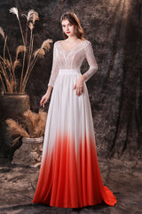 Party Dresses Idea, A Line V-Neck Long Sleeve Ombre Silk Like Satin Sweep Train Prom Dresses