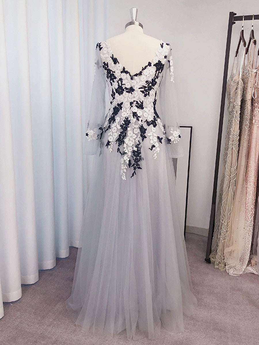 Grad Dress, A-line V-neck Long Sleeves Appliques Lace Floor-Length Tulle Dress