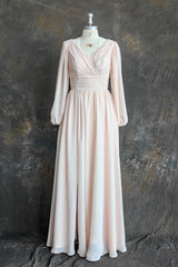 A-Line V-Neck Long Sleeves Long Chiffon Bridesmaid Dresses With Split Side Pockets