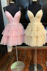 Summer Wedding Guest Dress, A-Line V-Neck Multi-Tiered Short Party Dress,Light Pink Cocktail Dresses Short