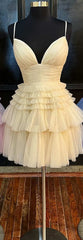 Prom Dress Black, A-Line V-Neck Multi-Tiered Short Party Dress,Light Pink Cocktail Dresses Short