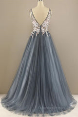 Formal Dress Classy, A Line V Neck Open Back Appliques Gray Long Prom Dresses, V Neck Grey Formal Dresses, Gray Evening Dresses