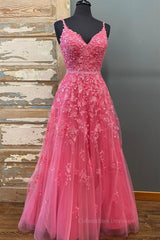 Evening Dress Sleeve, A Line V Neck Open Back Beaded Hot Pink Lace Long Prom Dresses, Hot Pink Lace Formal Graduation Evening Dresses