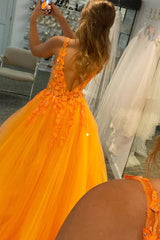 A Line V Neck Orange Prom Dress with Appliques