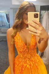 A Line V Neck Orange Prom Dress with Appliques