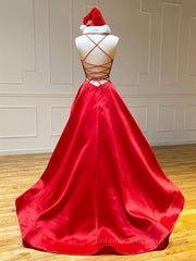 Prom Dress Silk, A Line V Neck Red Backless Prom Dresses, Red Backless Long Formal Evening Graduation Dresses