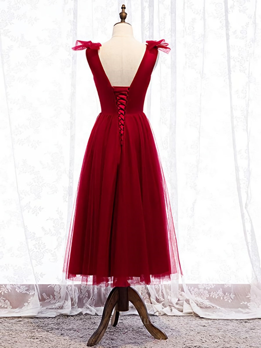 Wedding Guest Dress, A Line V Neck Red Tea Length Prom Dress with Corset Back, Red Tea Length Formal Graduation Dresses