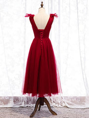 Wedding Guest Dress, A Line V Neck Red Tea Length Prom Dress with Corset Back, Red Tea Length Formal Graduation Dresses