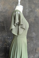 A-line V-neck Ruffle Sleeves Pleats Chiffon Bridesmaid Dress with Ruffles