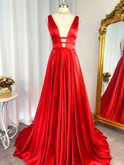 Bridesmaid Dress Formal, A-line V-neck Ruffles Sweep Train Elastic Woven Satin Dress