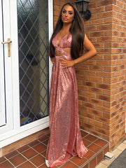 Pink Dress, A-line V-neck Sequin Floor-Length Sequins Dress