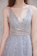 Bridesmaid Dresses Gowns, A Line V-neck Shiny Sequin Beaded Prom Dresses