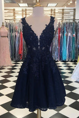 Bridal Shoes, A Line V Neck Short Dark Navy Blue Lace Prom Dresses, Dark Navy Blue Lace Homecoming Graduation Dresses