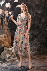 Dream Wedding, A Line V-Neck Short Sleeve Embroidery Tulle Tea Length Short Homecoming Dresses