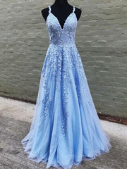 Homecoming, A Line V Neck Sky Blue Lace Prom Dresses, Light Blue Lace Formal Evening Dresses