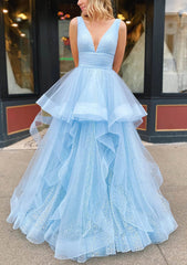 Prom Dresses Ball Gown, A-line V Neck Sleeveless Long/Floor-Length Tulle Glitter Prom Dress With Pleated