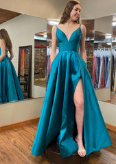 Formal Dress Party Wear, A-line V Neck Sleeveless Satin Long/Floor-Length Prom Dress With Pockets Split