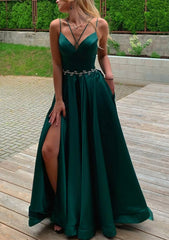 Dress Short, A-line V Neck Sleeveless Satin Sweep Train Prom Dress With Pockets Waistband Split