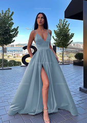 Autumn Wedding, A-line V Neck Sleeveless Sweep Train Satin Prom Dress