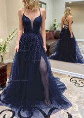 Bridesmaid Dress Satin, A-line V Neck Spaghetti Straps Chapel Train Tulle Prom Dress With Split Appliqued