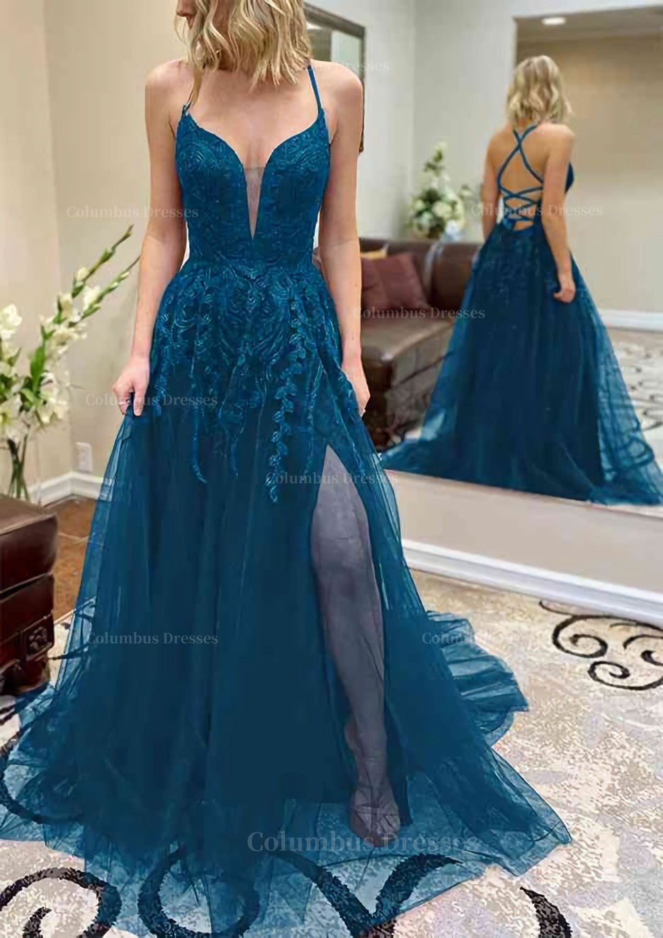 Bridesmaid Dresses Satin, A-line V Neck Spaghetti Straps Chapel Train Tulle Prom Dress With Split Appliqued