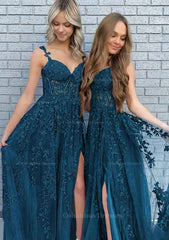 Party Dress Boho, A-line V Neck Spaghetti Straps Long/Floor-Length Lace Prom Dress With Split