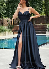 Blue Gown, A-line V Neck Spaghetti Straps Sweep Train Satin Prom Dress With Appliqued Beading Pleated Split