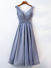 Party Dress Man, A Line V Neck Tea Length Gray/Pink Prom Dresses, Shiny Tea Length Formal Dresses