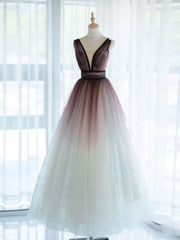 Homecomming Dresses Long, A-Line V Neck Tulle Long Brown Prom Dresses, Tulle Long Evening Dresses