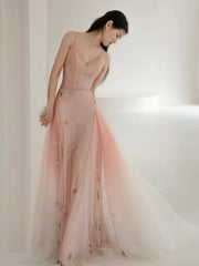 A-Line V Neck Tulle Pink Long Prom Dress, Pink Tulle Long Evening Dress