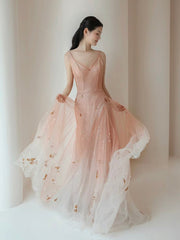 A-Line V Neck Tulle Pink Long Prom Dress, Pink Tulle Long Evening Dress