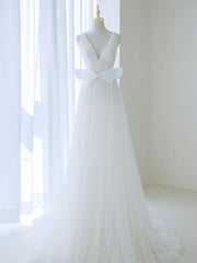 A-Line V Neck White Tulle Long Wedding Dress with Bow