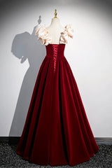 A-Line Velvet Floor Length Prom Dress, Burgundy Off the Shoulder Evening Party Dress