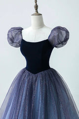 Homecoming Dress Shops Near Me, A-Line Velvet Tulle Long Prom Dress, Cute Short Sleeve Evening Party Dress