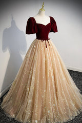 Homecomming Dresses Cute, A-Line Velvet Tulle Long Prom Dress, Lovely Short Sleeve Graduation Dress