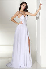 Prom Dress Yellow, A-line White Evening Dresses Straps Chiffon Long Formal Dresses