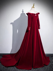 A-line Wine Red Velvet Long Sleeves Low Back Prom Dress, Wine Red Party Dress