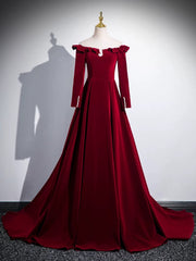 A-line Wine Red Velvet Long Sleeves Low Back Prom Dress, Wine Red Party Dress