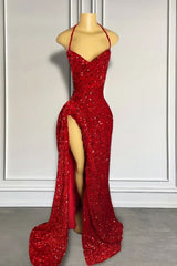 Red Sequins Prom Dress with Slit Shiny Floor-Length Party Dress