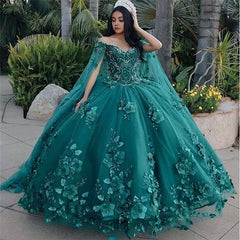 Dark Green Organza Off-the-Shoulder Ball Gown Quinceanera Dress