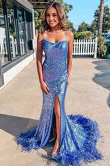 Blue Sequin Feather Lace-Up Back Mermaid Long Prom Dress with Slit